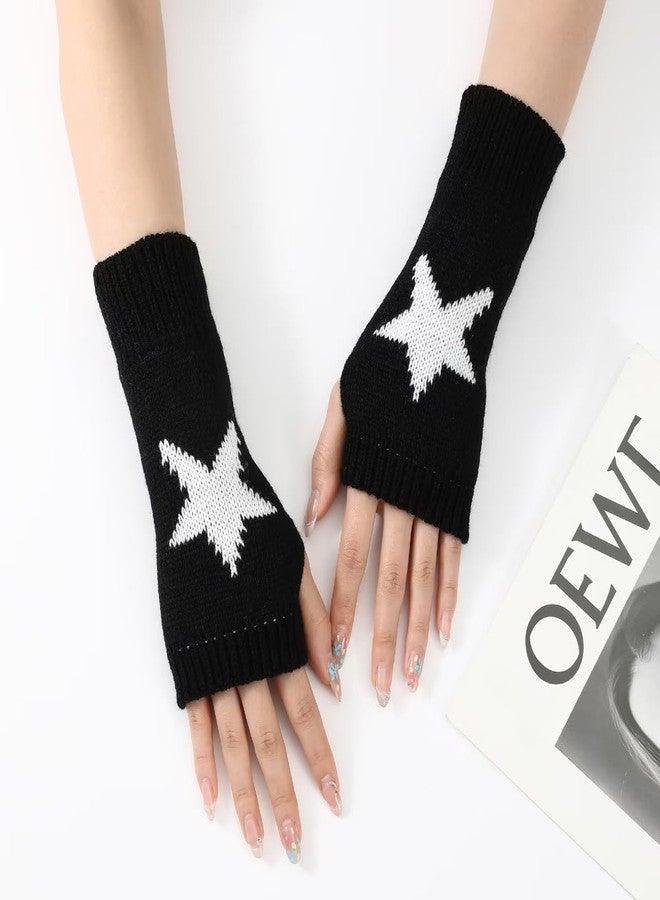 Sumleno Cute Y2K Star Fingerless Gloves Thumb Hole Mittens Fairy Grunge Accessories Harajuku Arm Warmers for Women Girls (Black,One Size) - Image 3